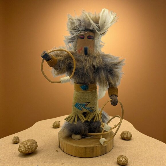 Hopi Kachina Style Hoop Dancer Doll 6" Wood & Fur Art - Picture 1 of 7